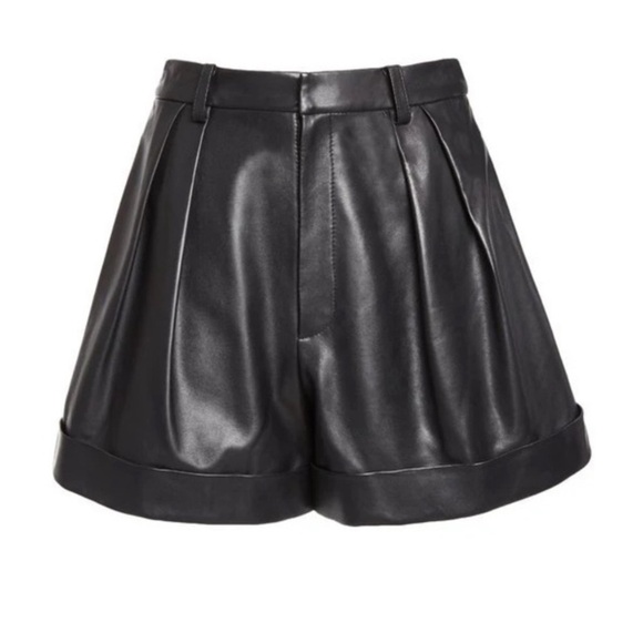 Alice + Olivia Conry Lamb Leather Cuffed Pleated Shorts High Rise Black - Picture 3 of 15